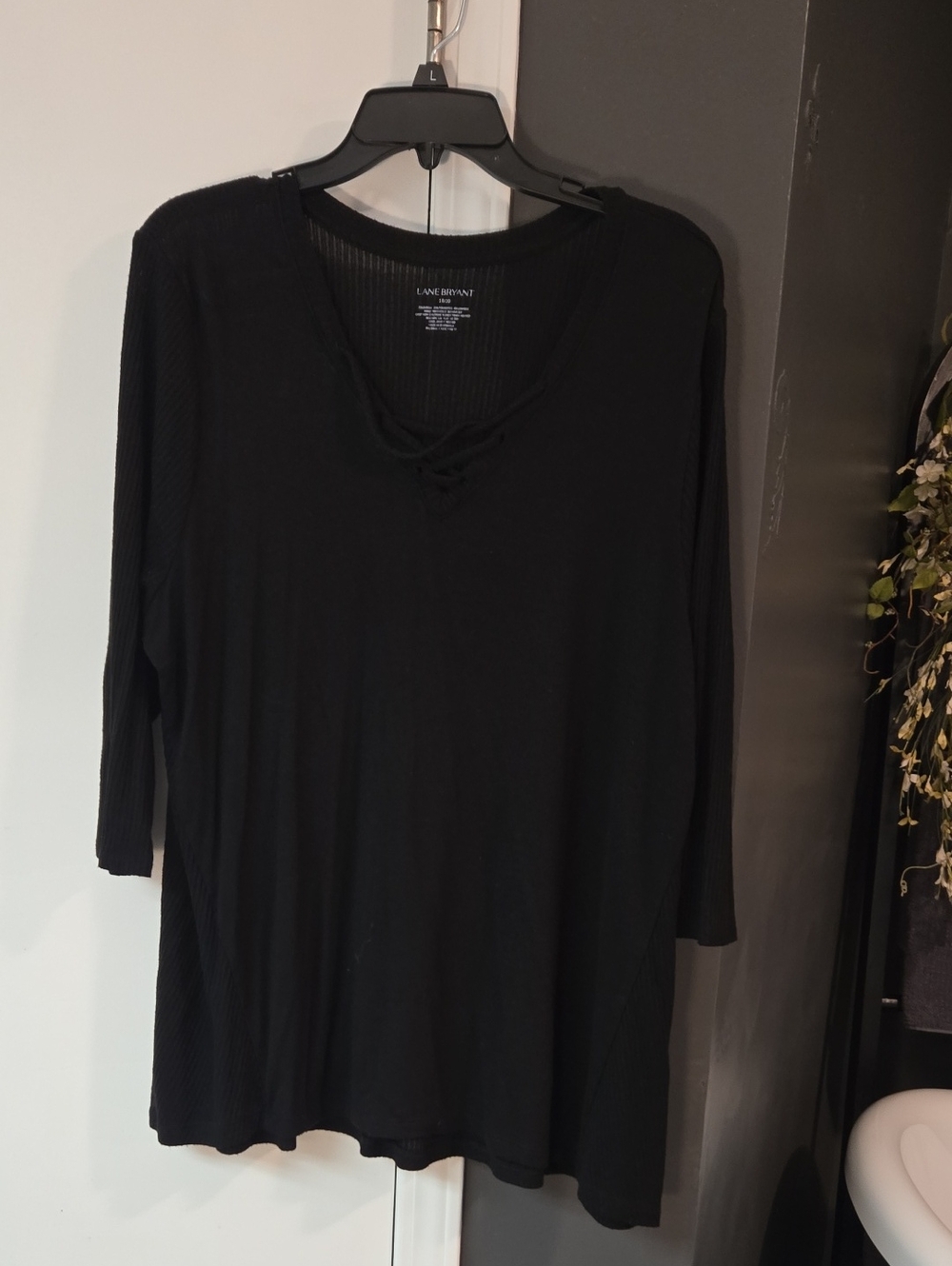 Lane Bryant Black Long-Sleeve Lace-Up V-Neck Top